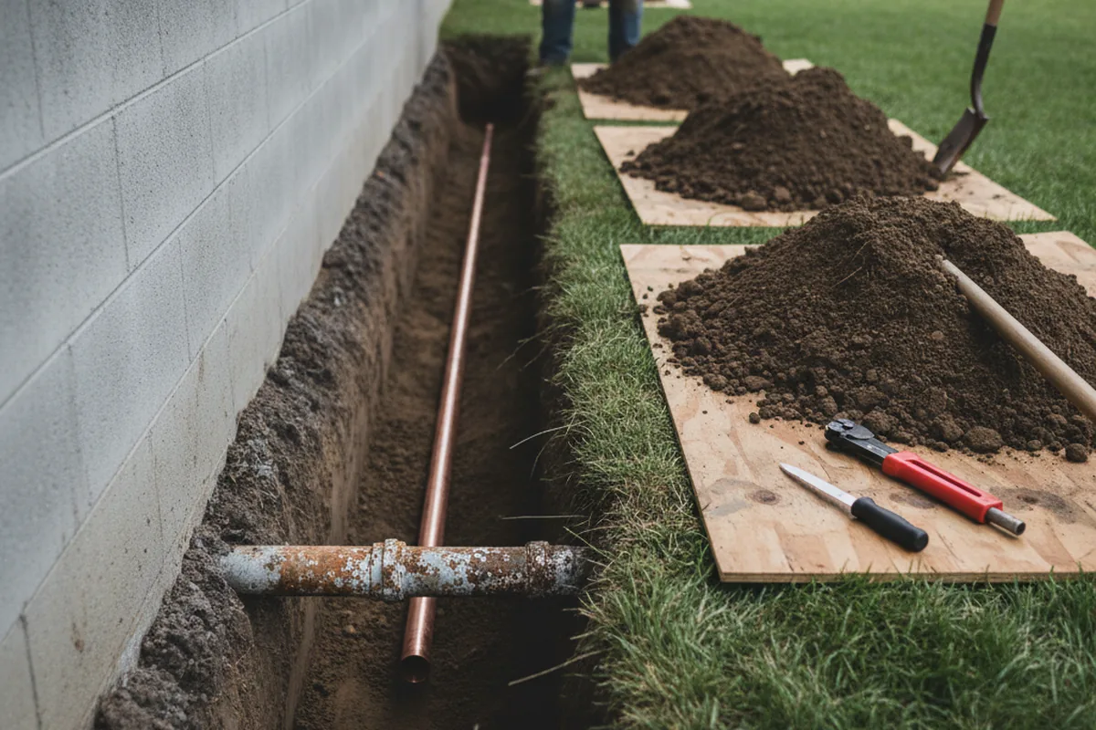 Excavated water line trench during Sewer Line Repair in Lacey